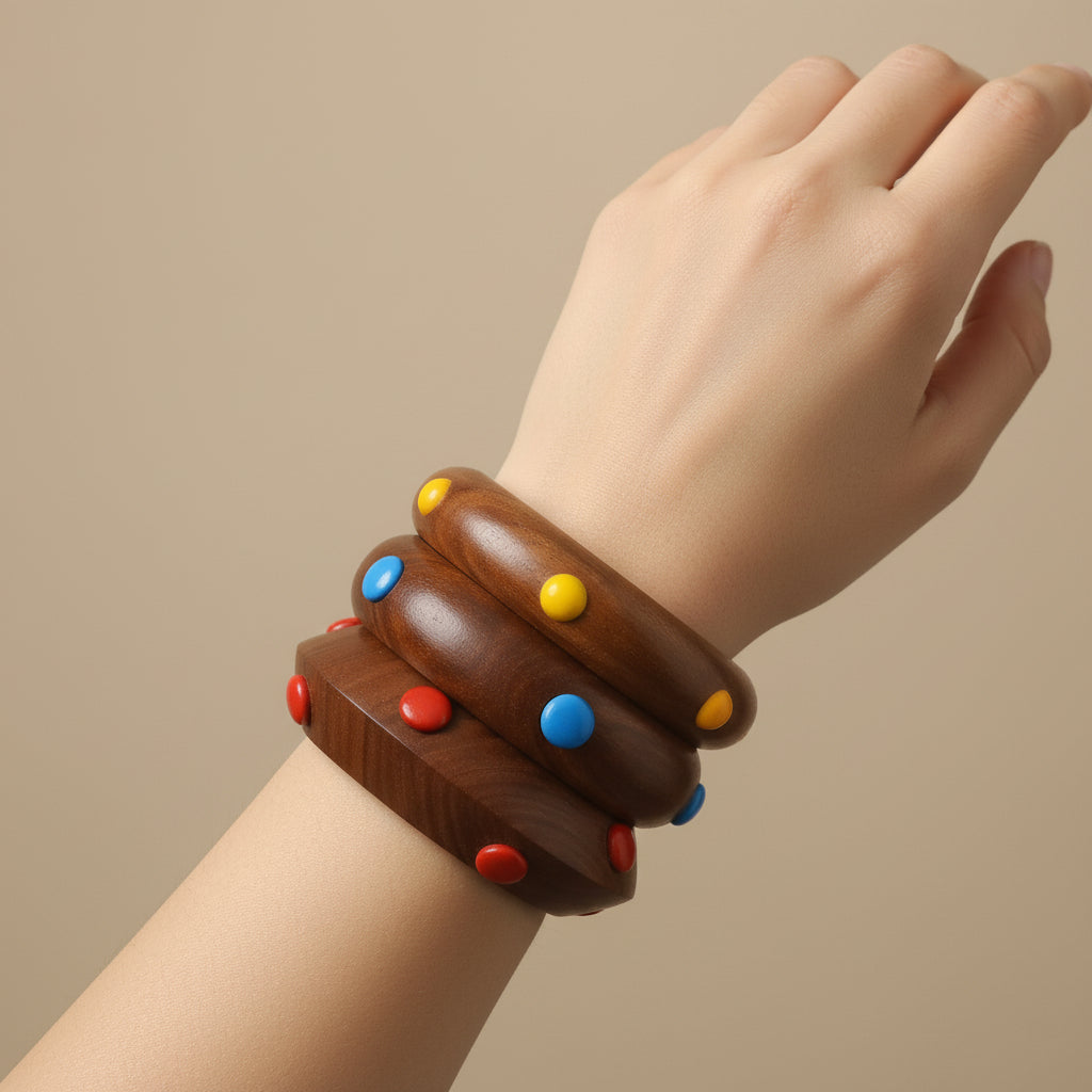 EarthBeat – Sheesham Wood Bangles with Color Beads (Set of 3)