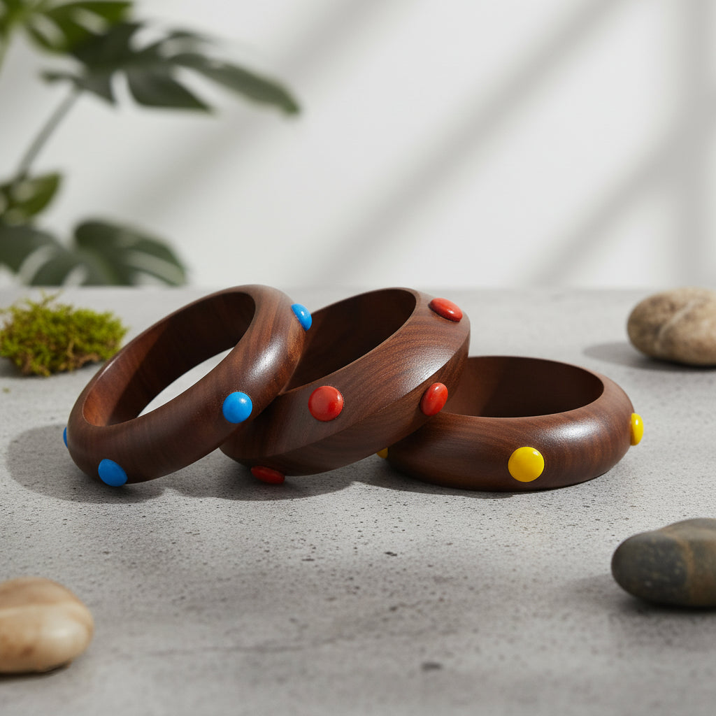 EarthBeat – Sheesham Wood Bangles with Color Beads (Set of 3)