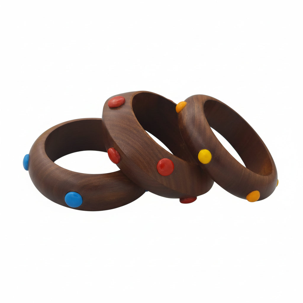 EarthBeat – Sheesham Wood Bangles with Color Beads (Set of 3)